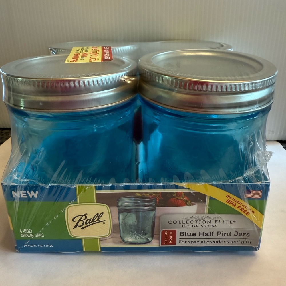 Ball Blue Half Pint Jars - Set of 4, 8 ounce jars, regular mouth.